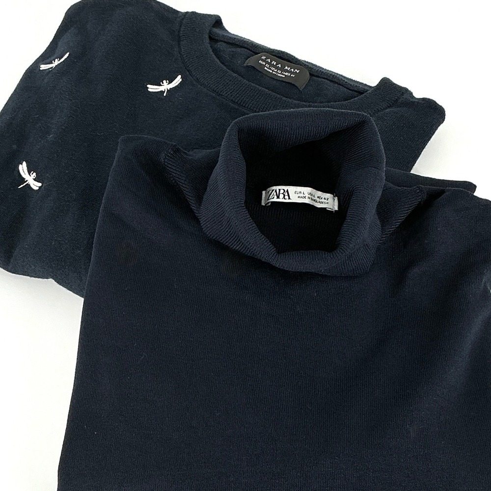 Zara Man Size L Navy Blue Sweaters Dragonfly‎ Embroidery Crewneck Turtleneck
